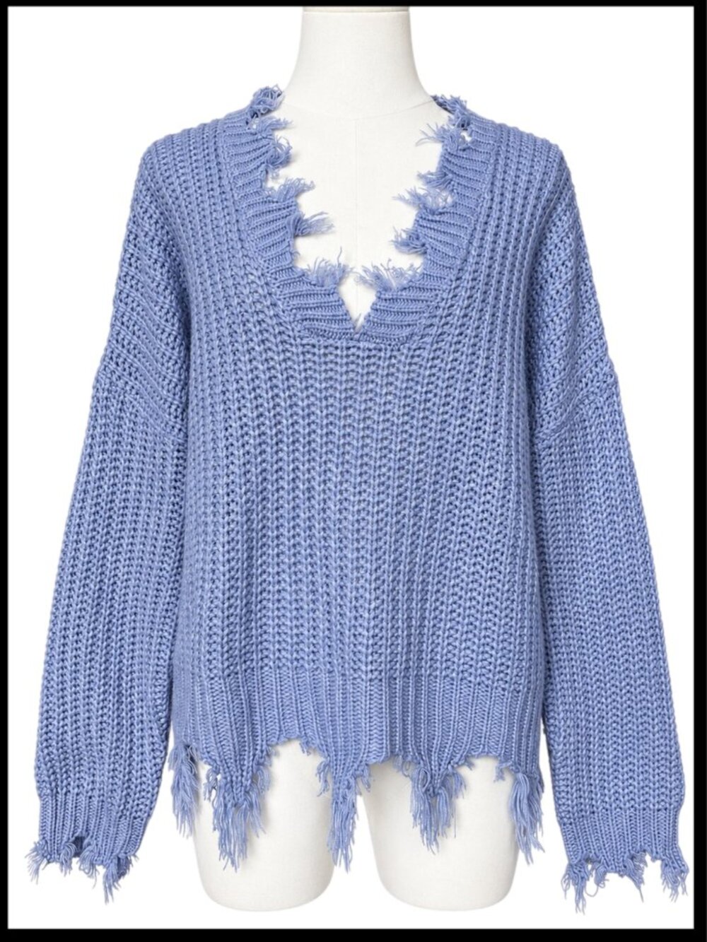 Miracle Periwinkle Blue Purple Distressed Fringe V Neck Sweater S/M - Picture 2 of 8